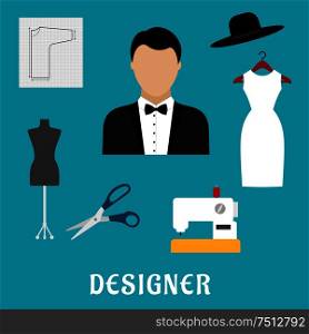 Fashion designer profession flat icons with sewing machine, tailor mannequin, scissors, elegant dress with hat, paper pattern and man in tuxedo
