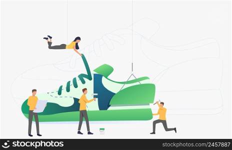 Fashion designers constructing sneakers. People lacing and painting boot. Fashion concept. Vector illustration can be used for sport brand, footwear production, athletic shoes