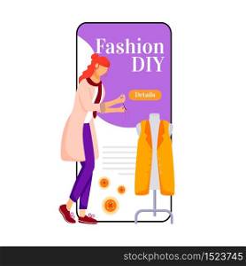 Fashion diy cartoon smartphone vector app screen. Creating and sewing clothes. Designing outfits. Mobile phone display with flat character design mockup. Fashion trends application telephone interface