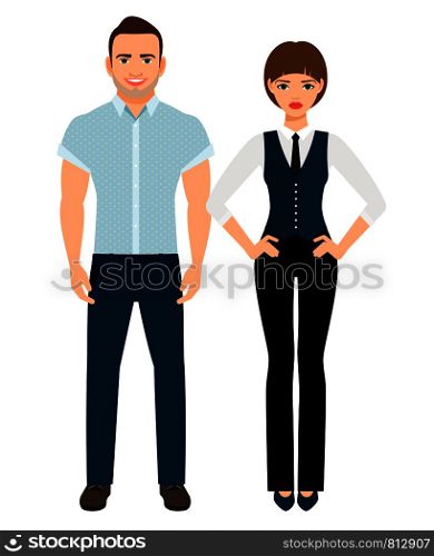 Fashion elegant couple. Man in polo shirt and woman in vest and trousers on white background. Vector illustration. Fashion elegant couple
