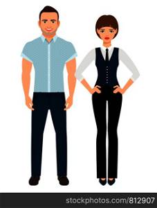 Fashion elegant couple. Man in polo shirt and woman in vest and trousers on white background. Vector illustration. Fashion elegant couple