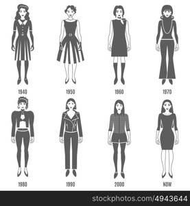 Fashion Evolution Black White Icons Set. Women Fashion Black White Icons Set. Fashion Development Vector Illustration. Woman Fashion Evolution Decorative Set. Fashion Evolution Design Set. Fashion Evolution Flat Isolated Set.