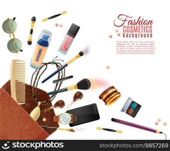 Fashion flat background with cosmetics various accessories and makeup tools in beauty bag on white background vector illustration.  Fashion Cosmetics Background