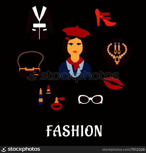 Fashion flat icons with elegant woman in red beret and neckerchief with high heeled shoes, jacket, bag with chain handle, jewelry earrings and necklace, glasses, perfumes and cosmetics. Fashion icons with accessories and jewelries