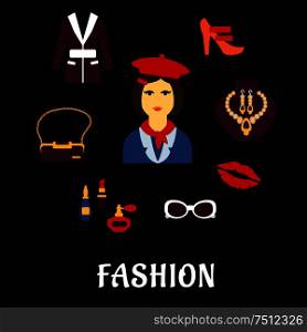 Fashion flat icons with elegant woman in red beret and neckerchief with high heeled shoes, jacket, bag with chain handle, jewelry earrings and necklace, glasses, perfumes and cosmetics. Fashion icons with accessories and jewelries
