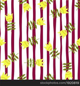 Fashion flower folk art seamless pattern on red stripe background. Floral nature wallpaper. Folklore style. For fabric design, textile print, wrapping, cover. Simple vector illustration.. Fashion flower folk art seamless pattern on red stripe background. Floral nature wallpaper. Folklore style