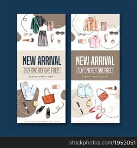 Fashion flyer design with cosmetics, outfit, accessories watercolor illustration.