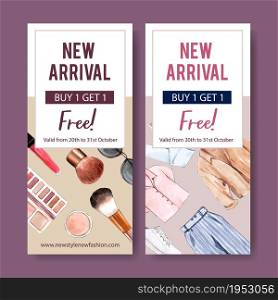 Fashion flyer design with cosmetics, outfit watercolor illustration.