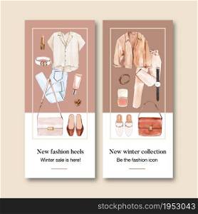 Fashion flyer design with outfit and accessories watercolor illustration.