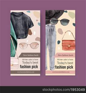 Fashion flyer design with outfit watercolor illustration.