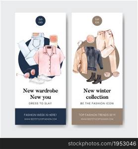 Fashion flyer design with shirt, pants, shoes sunglasses watercolor illustration.