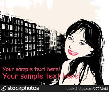fashion girl in sketch style on a city-background. Place for your text.