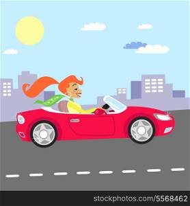 Fashion girl in the red car driving vector illustration