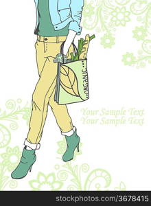 Fashion girl with a bag of organic products on a floral background