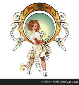 Fashion girl with curly blond hair in vintage white dress with floral ornament illustration.