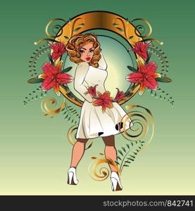 Fashion girl with curly blond hair in vintage white dress with floral ornament illustration.