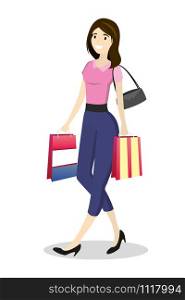 Fashion girl with shopping bags walking,isolated on white background,cartoon vector illustration. Fashion girl with shopping bags walking