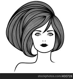 Fashion girl with voluminous stylish hair and expressive eyes, vector hand drawn design for cosmetic products