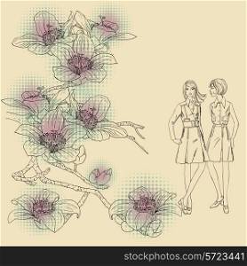 fashion girls on a floral background