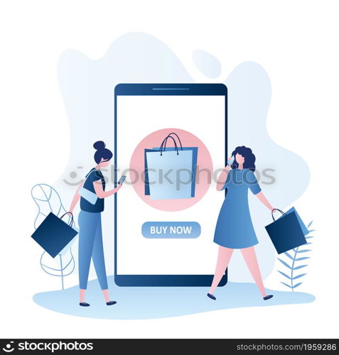 Fashion girls with shopping bags and smartphones,big mobile phone with shop icon and button,trendy flat vector illustration