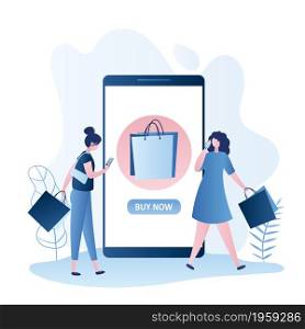 Fashion girls with shopping bags and smartphones,big mobile phone with shop icon and button,trendy flat vector illustration
