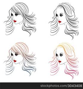 Fashion Hairstyles Lineart. Female face with makeup and fashion hairstyle in line art.