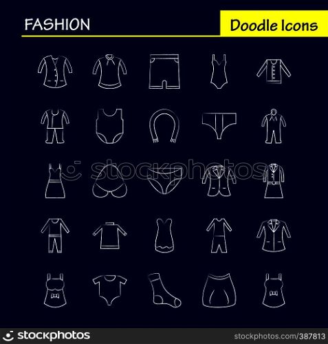 Fashion Hand Drawn Icons Set For Infographics, Mobile UX/UI Kit And Print Design. Include: Shirt, Garments, Cloths, Dress, Ladies Cloths, Garments, Cloths, Collection Modern Infographic Logo and Pictogram. - Vector