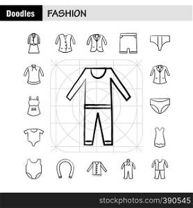 Fashion Hand Drawn Icons Set For Infographics, Mobile UX/UI Kit And Print Design. Include: Shirt, Garments, Cloths, Dress, Ladies Cloths, Garments, Cloths, Collection Modern Infographic Logo and Pictogram. - Vector