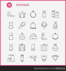 Fashion Hand Drawn Icons Set For Infographics, Mobile UX/UI Kit And Print Design. Include: Cap, Hat, Garments, Cloths, Dress, Hat, Garments, Cloths, Collection Modern Infographic Logo and Pictogram. - Vector