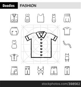 Fashion Hand Drawn Icons Set For Infographics, Mobile UX/UI Kit And Print Design. Include: Hair Dryer, Hair Dresser, Hairs, Makeup, Top, Garments, Collection Modern Infographic Logo and Pictogram. - Vector