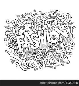 Fashion hand lettering and doodles elements and symbols background. Vector hand drawn sketchy illustration. Fashion hand lettering and doodles elements