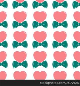 Fashion hipster cute seamless pattern with pink heart with bow tie. Retro fashion vintage background. Fashion hipster cute seamless pattern with pink heart with bow tie
