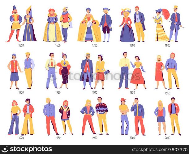 Fashion history clothing design evolution from middle ages to modern times couples flat set vector illustration