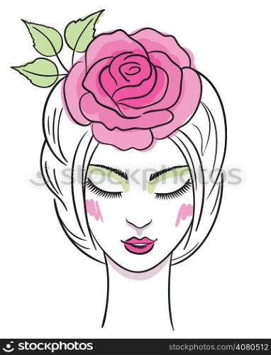 Fashion illustration of a beautiful young woman with rose in hair. EPS8.
