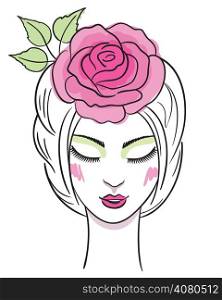 Fashion illustration of a beautiful young woman with rose in hair. EPS8.