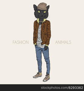 fashion illustration of cat dressed up in casual city style. fashion illustration of black cat dressed up in casual city style