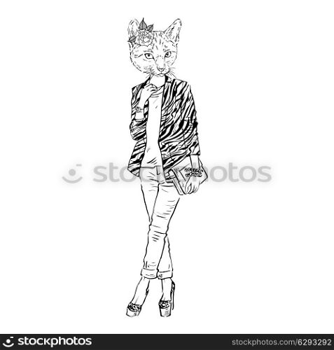 Fashion illustration of cat girl dressed up in city style, street look