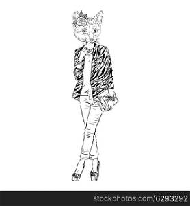 Fashion illustration of cat girl dressed up in city style, street look