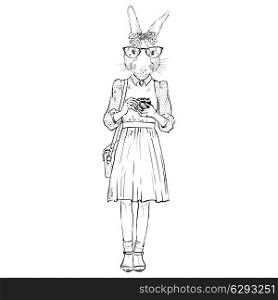 fashion illustration of cute bunny hipster with photocamera