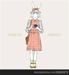 fashion illustration of cute bunny hipster with photocamera