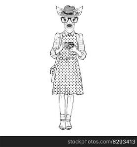 fashion illustration of cute deer hipster with photocamera