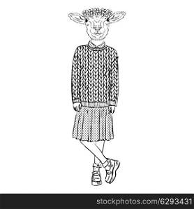 Fashion illustration of cute ship girl in wool knitted pullover