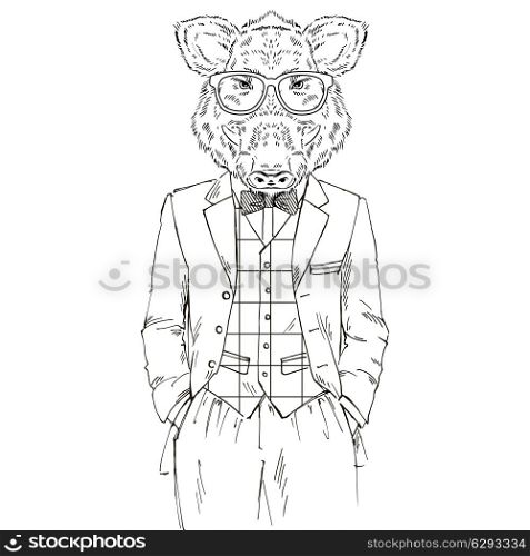 Fashion illustration of wild boar in tweed suit