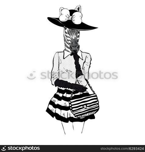 Fashion illustration of zebra lady in hat