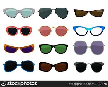 Fashion illustration set. Different sizes and types of sunglasses. Vector colored pictures in cartoon style. Modern protection sun glasses. Fashion illustration set. Different sizes and types of sunglasses. Vector colored pictures in cartoon style