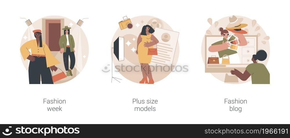 Fashion industry abstract concept vector illustration set. Fashion week, plus size models, social media blog, apparel brand, clothes designer, advertising campaign, style expert abstract metaphor.. Fashion industry abstract concept vector illustrations.