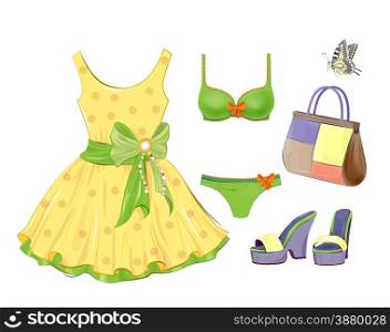 Fashion kit for girls. Dress, handbag, bikini and sandals.