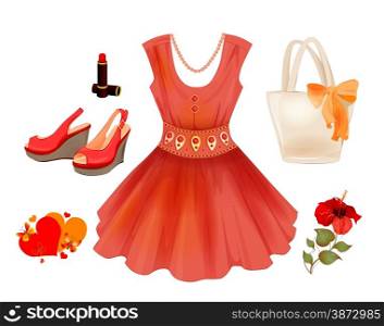 Fashion kit for girls. Dress, handbag, flower, lipstick and sandals.