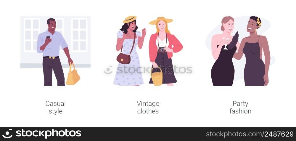 Fashion lovers isolated cartoon vector illustrations set. Young man wearing casual style clothes, diverse girls wearing in vintage clothes, festive party look, trendy accessories vector cartoon.. Fashion lovers isolated cartoon vector illustrations set.