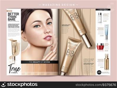 Fashion magazine template, attractive model with foundation product ads in 3d illustration, smear complexion cream background. Fashion magazine template